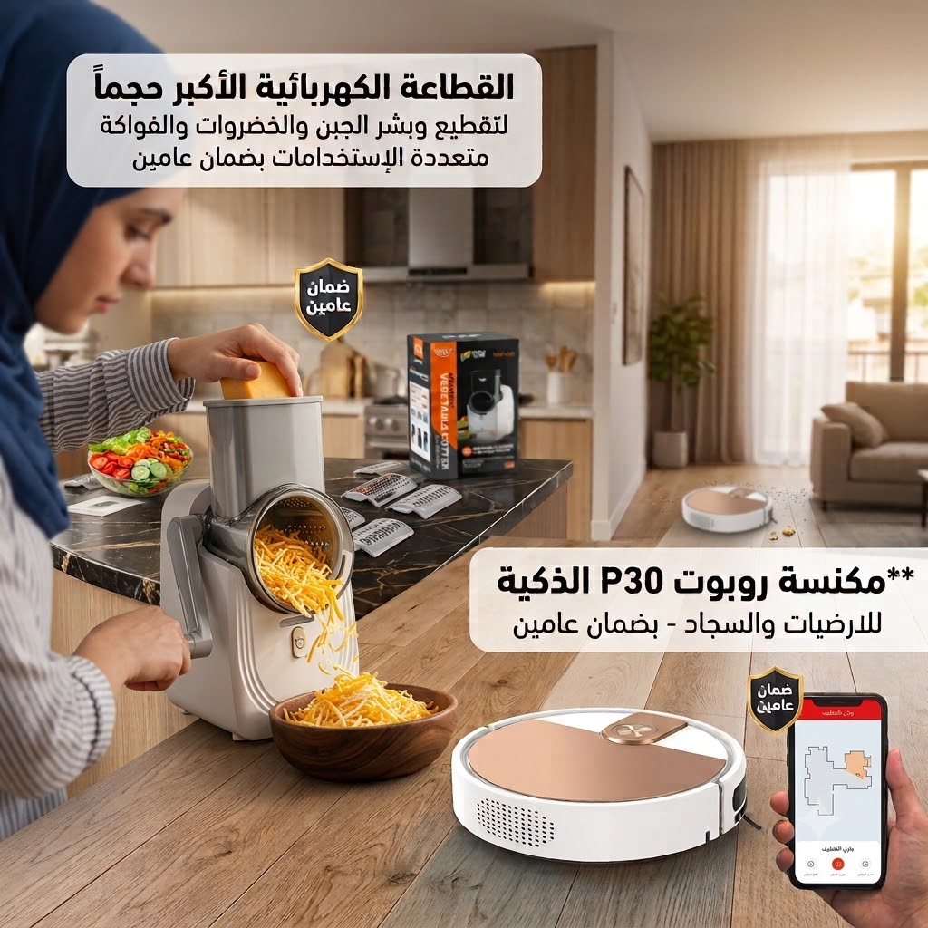 قطاعة كهربائية لتقطيع وبشر الخضار + مكنسة روبوت P30 للأرضيات