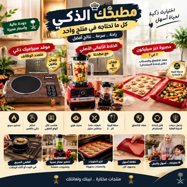 باقة مطبخي الذكي(موقد سيراميك ذكي متعدد الوظائف بضمان عامين+• الخلاط الألماني الأصلي مع مطحنة بضمان 6 شهور+حصيرة خبز سيليكون 2 في 1 مضاد للالتصاق والانسكاب (قابل لإعادة الاستخدام) - الصورة 2