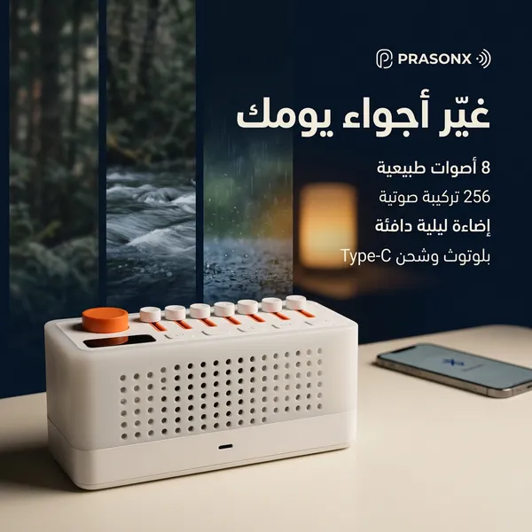 جهاز أصوات طبيعية مع إضاءة LED دافئة وبلوتوث – 8 أصوات مهدئة و256 خيار صوتي ومؤقت نوم وتحكم بالصوت للنوم والاسترخاء