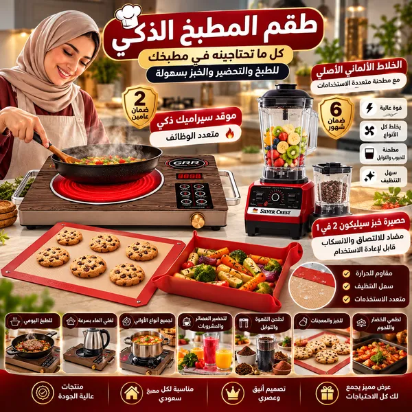 باقة مطبخي الذكي(موقد سيراميك ذكي متعدد الوظائف بضمان عامين+• الخلاط الألماني الأصلي مع مطحنة بضمان 6 شهور+حصيرة خبز سيليكون 2 في 1 مضاد للالتصاق والانسكاب (قابل لإعادة الاستخدام)